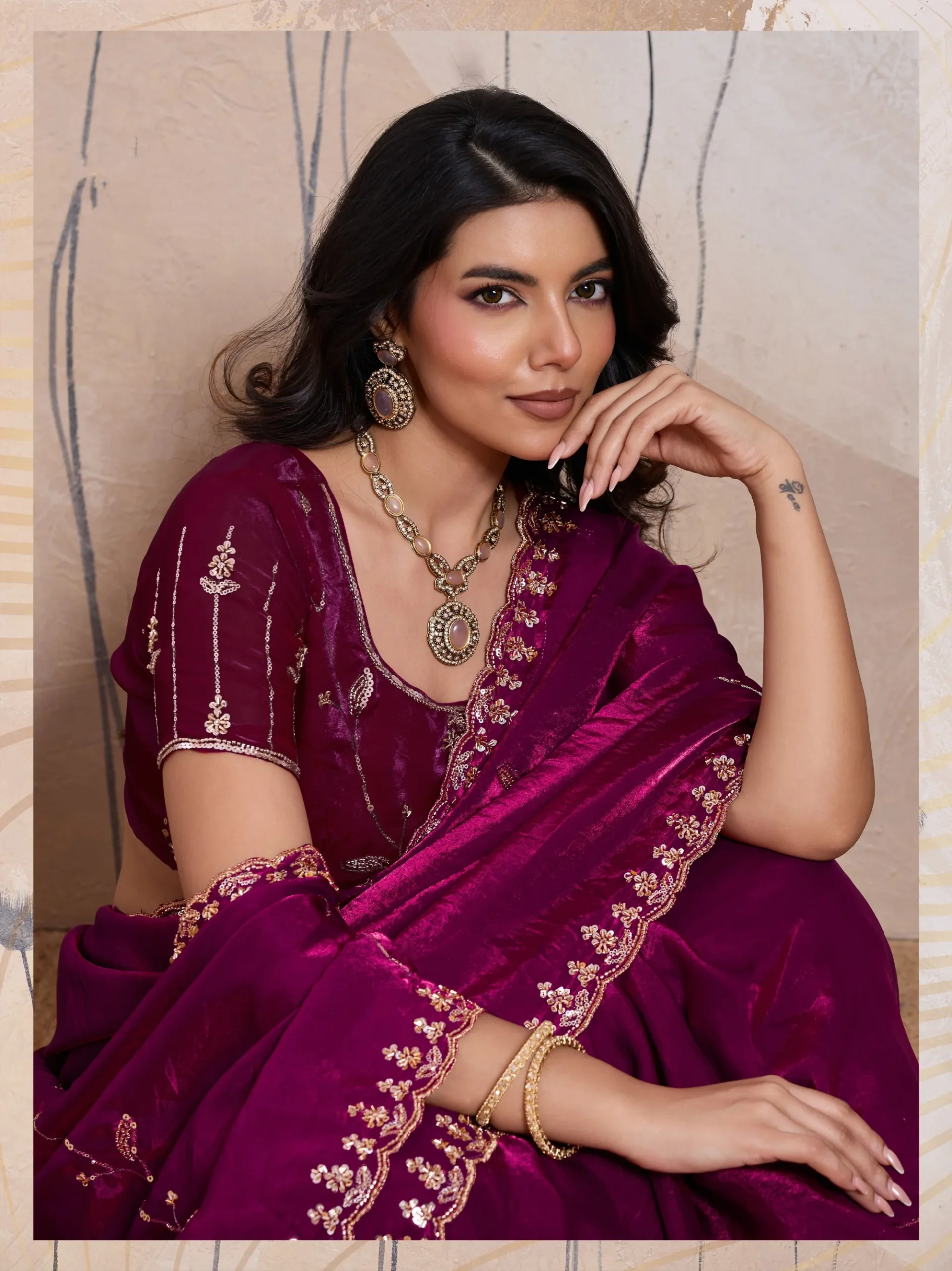 Wine Plum Metallic Fandy Satin Saree with Cutdana & Zari Work - Image 2