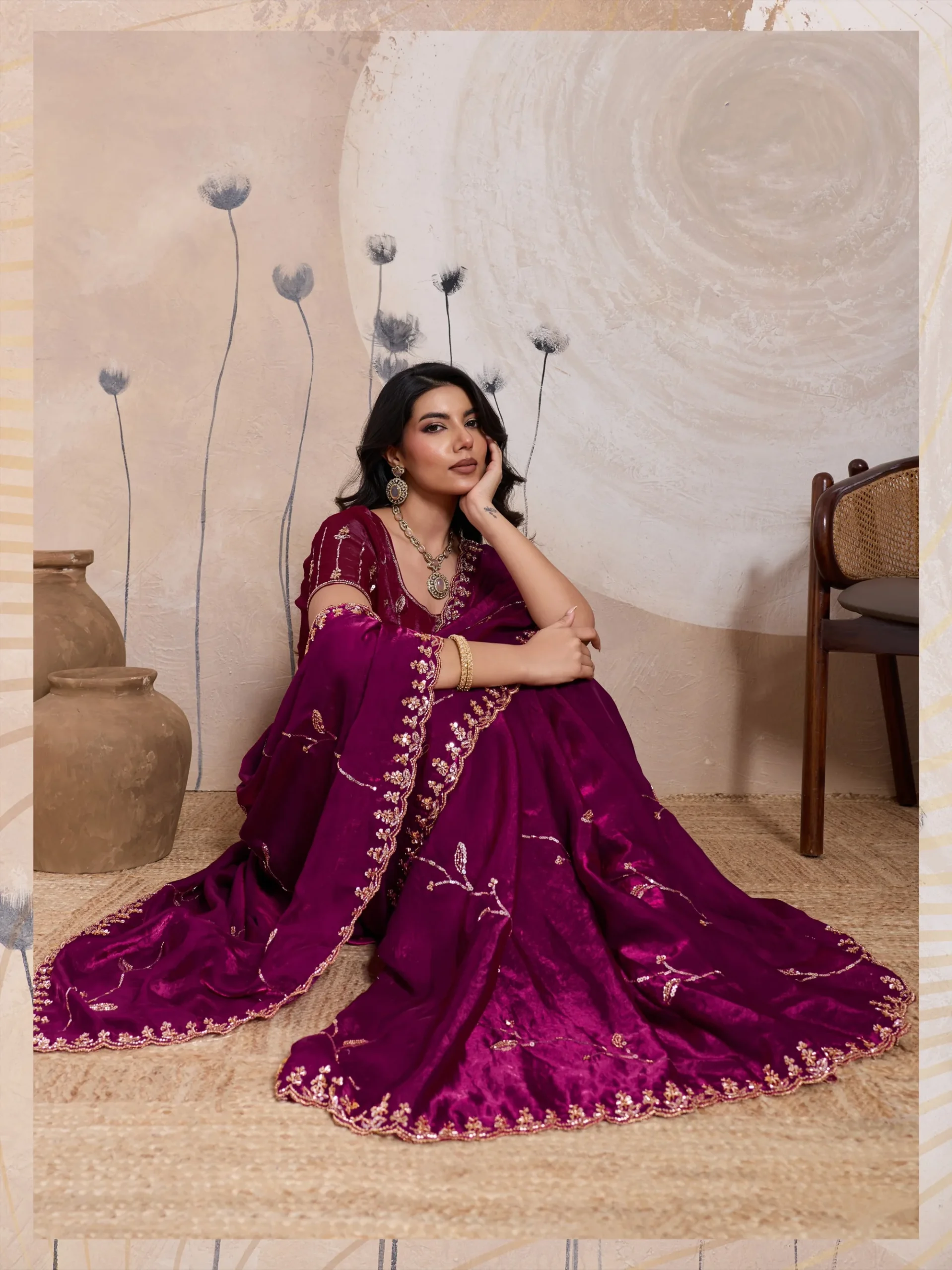 Wine Plum Metallic Fandy Satin Saree with Cutdana & Zari Work - Image 3