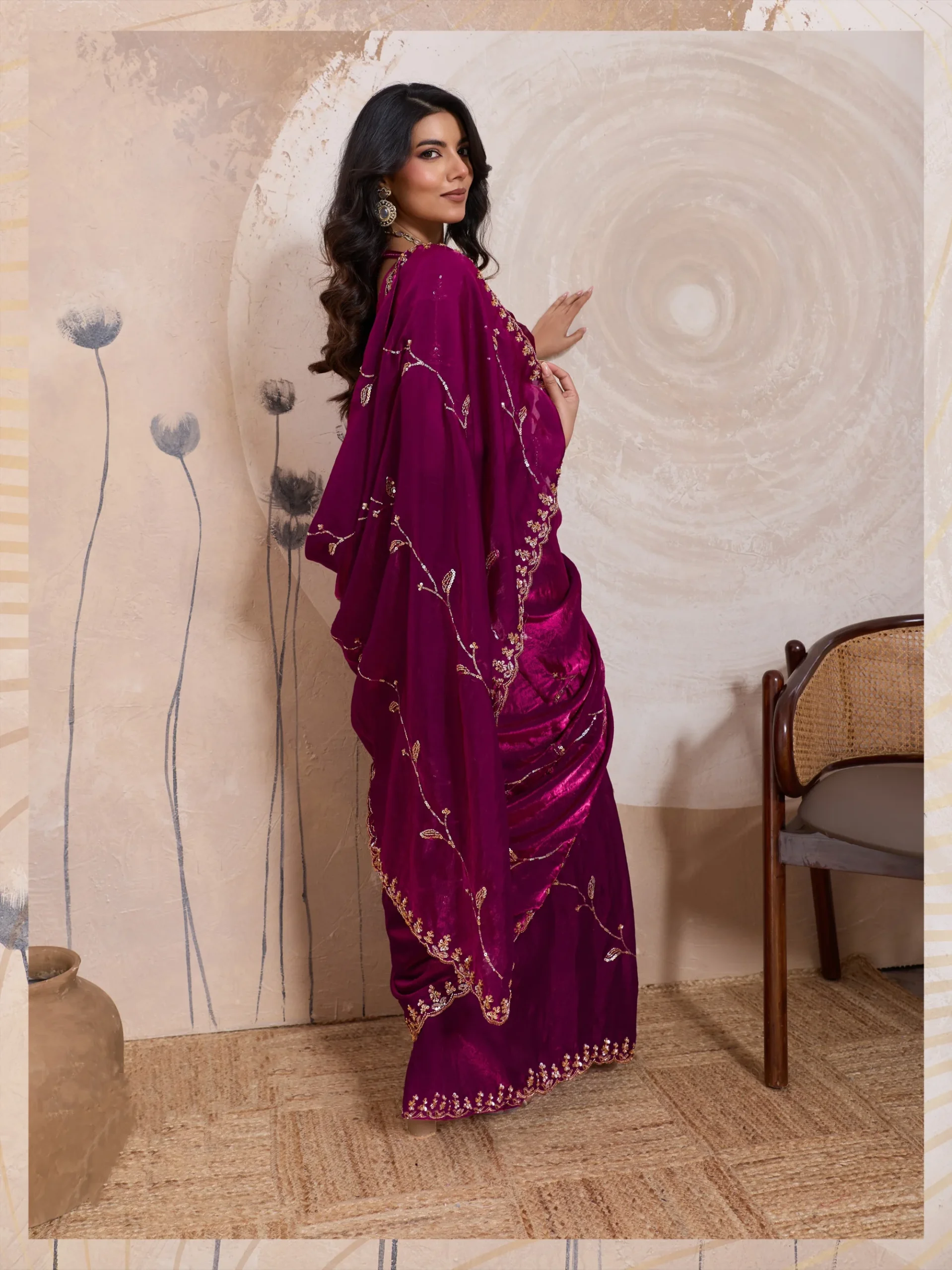 Wine Plum Metallic Fandy Satin Saree with Cutdana & Zari Work - Image 5