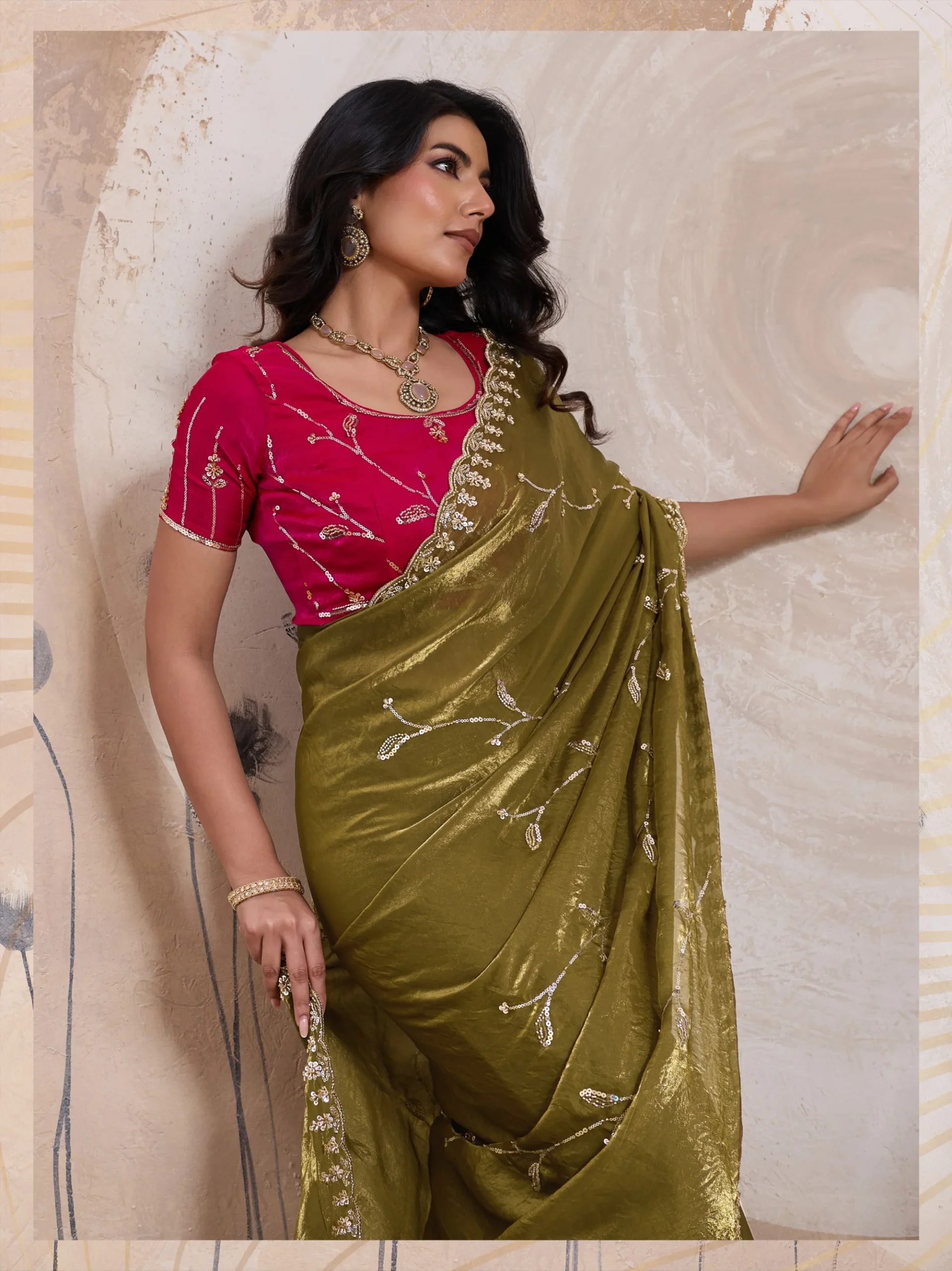 Olive Gold Metallic Fandy Satin Saree - Image 2