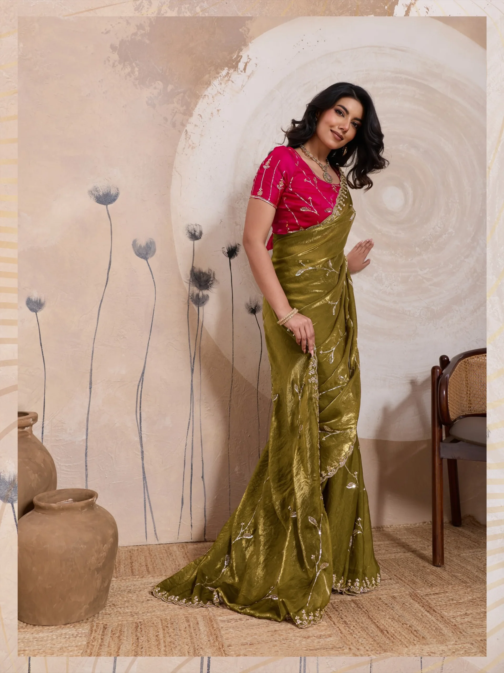 Olive Gold Metallic Fandy Satin Saree - Image 3