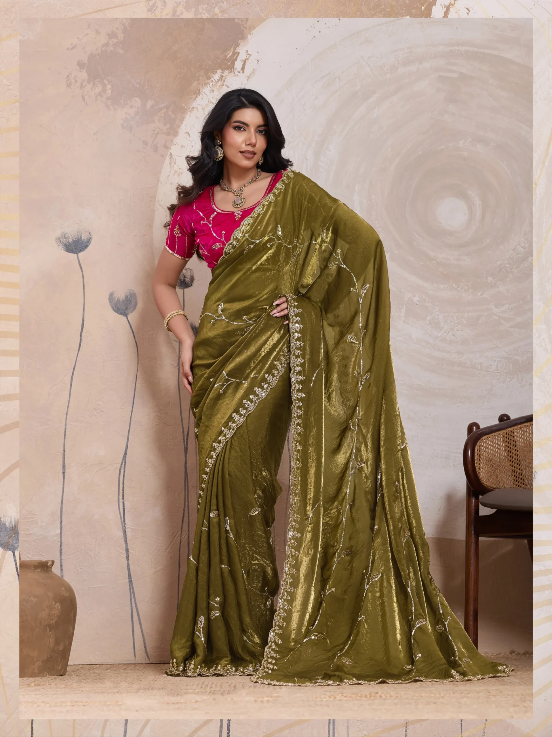 Olive Gold Metallic Fandy Satin Saree