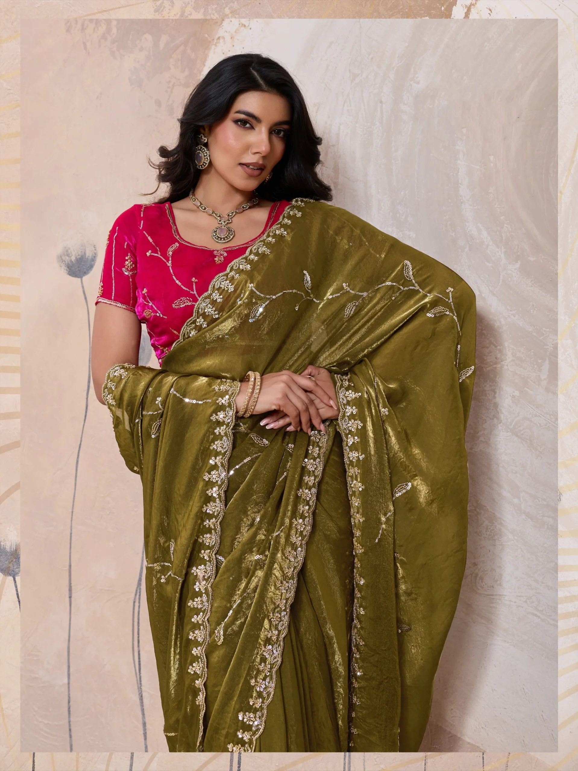 Olive Gold Metallic Fandy Satin Saree - Image 4