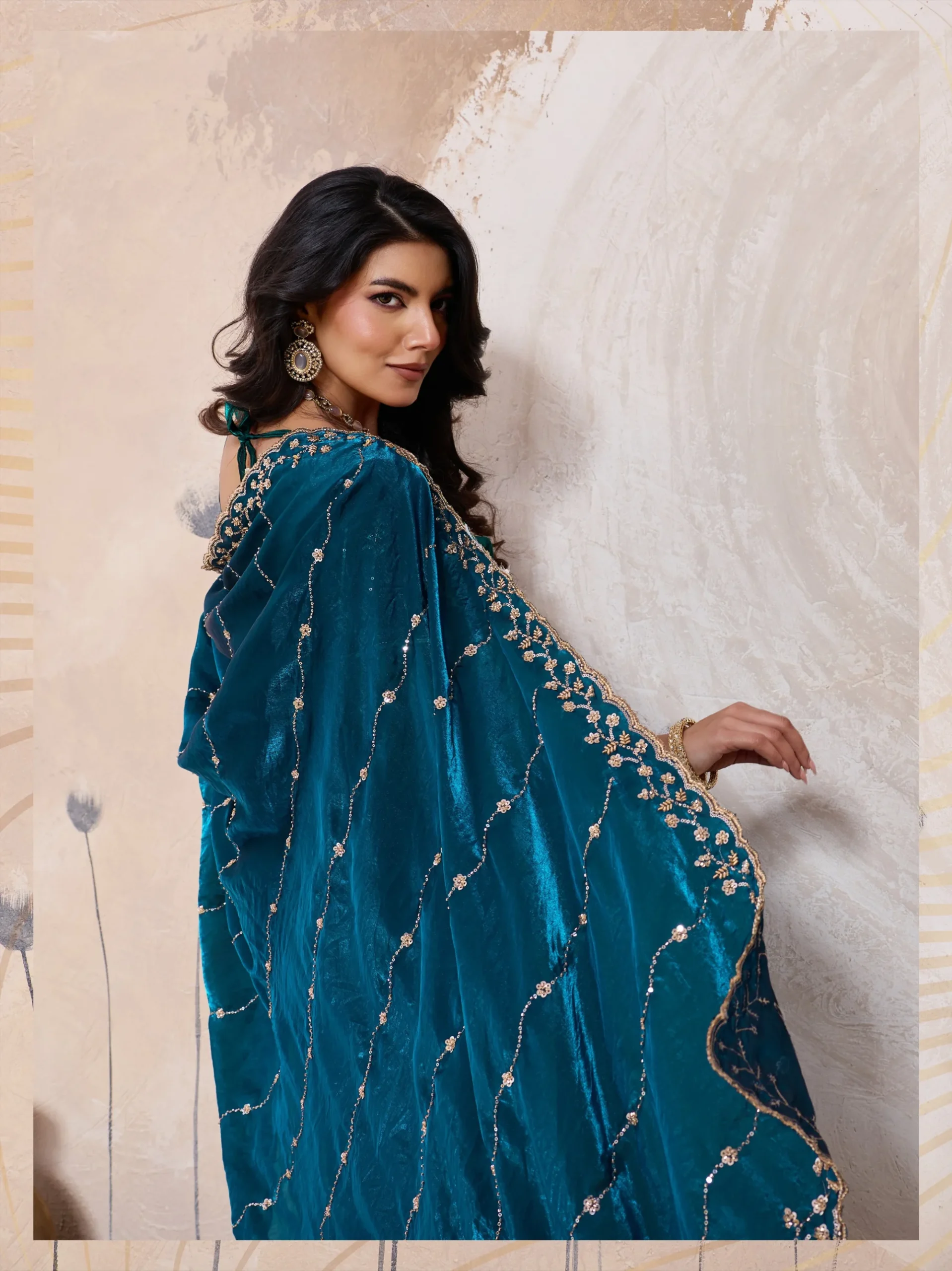 Teal Elegance Metallic Fandy Satin Saree - Image 4
