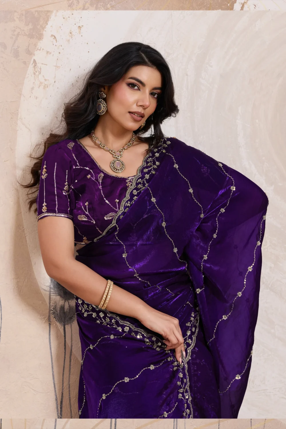 Royal Purple Metallic Fandy Satin Saree