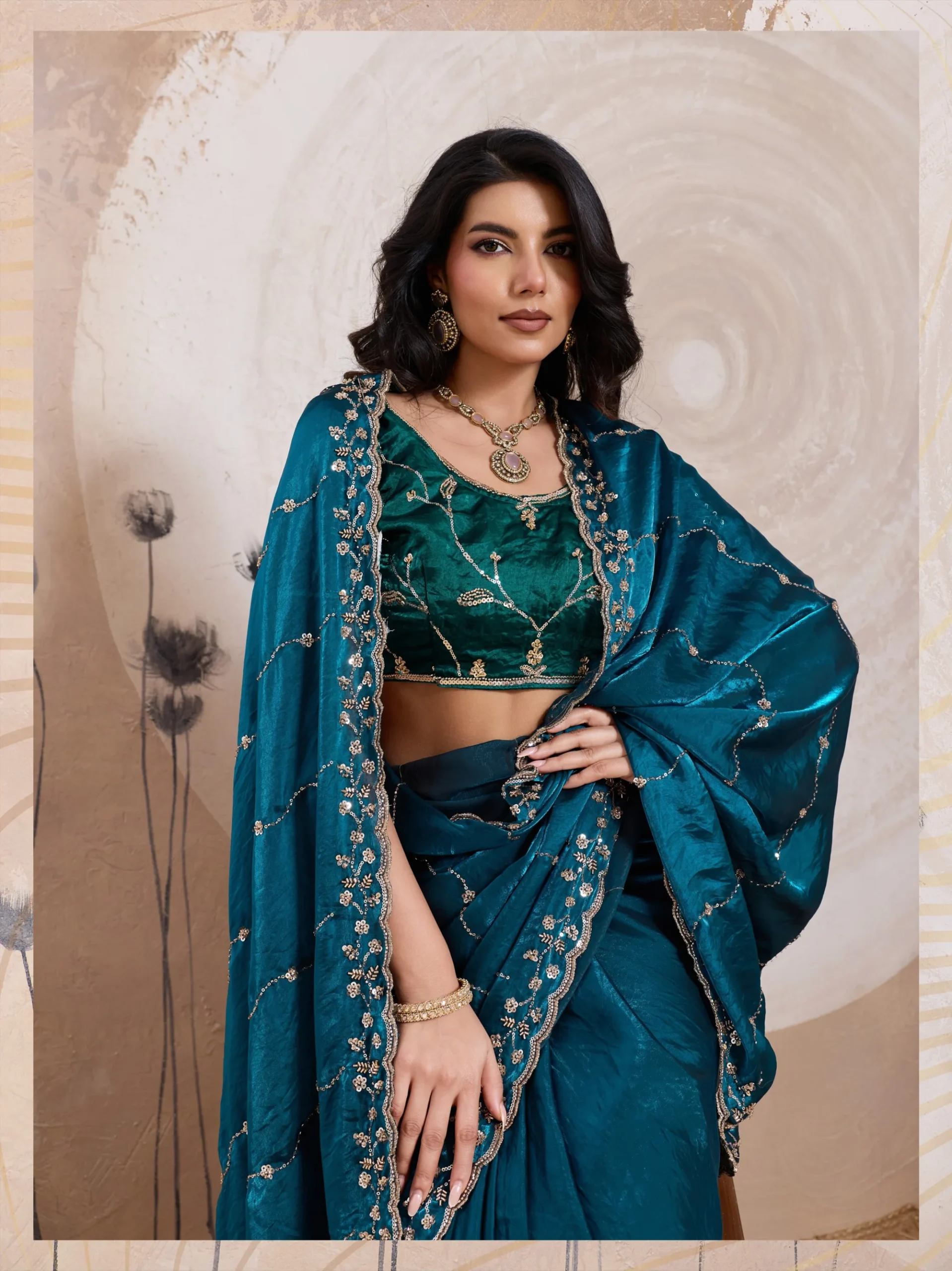 Teal Elegance Metallic Fandy Satin Saree - Image 2