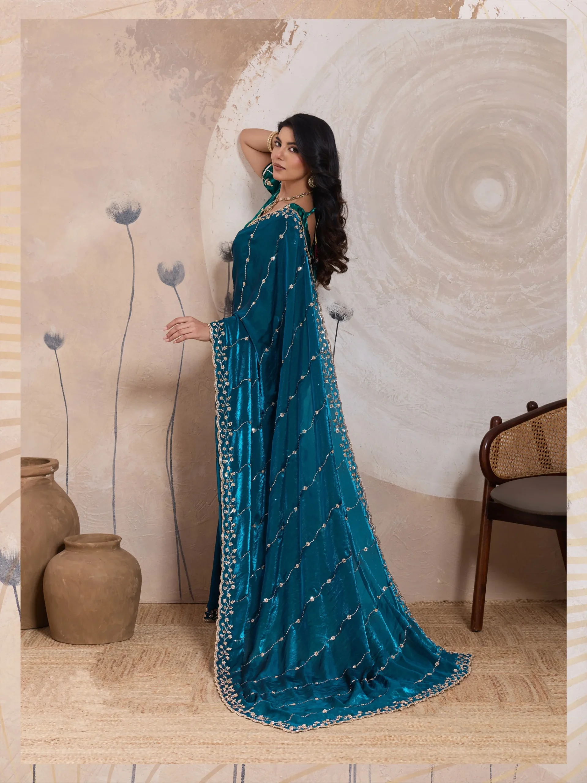 Teal Elegance Metallic Fandy Satin Saree - Image 3