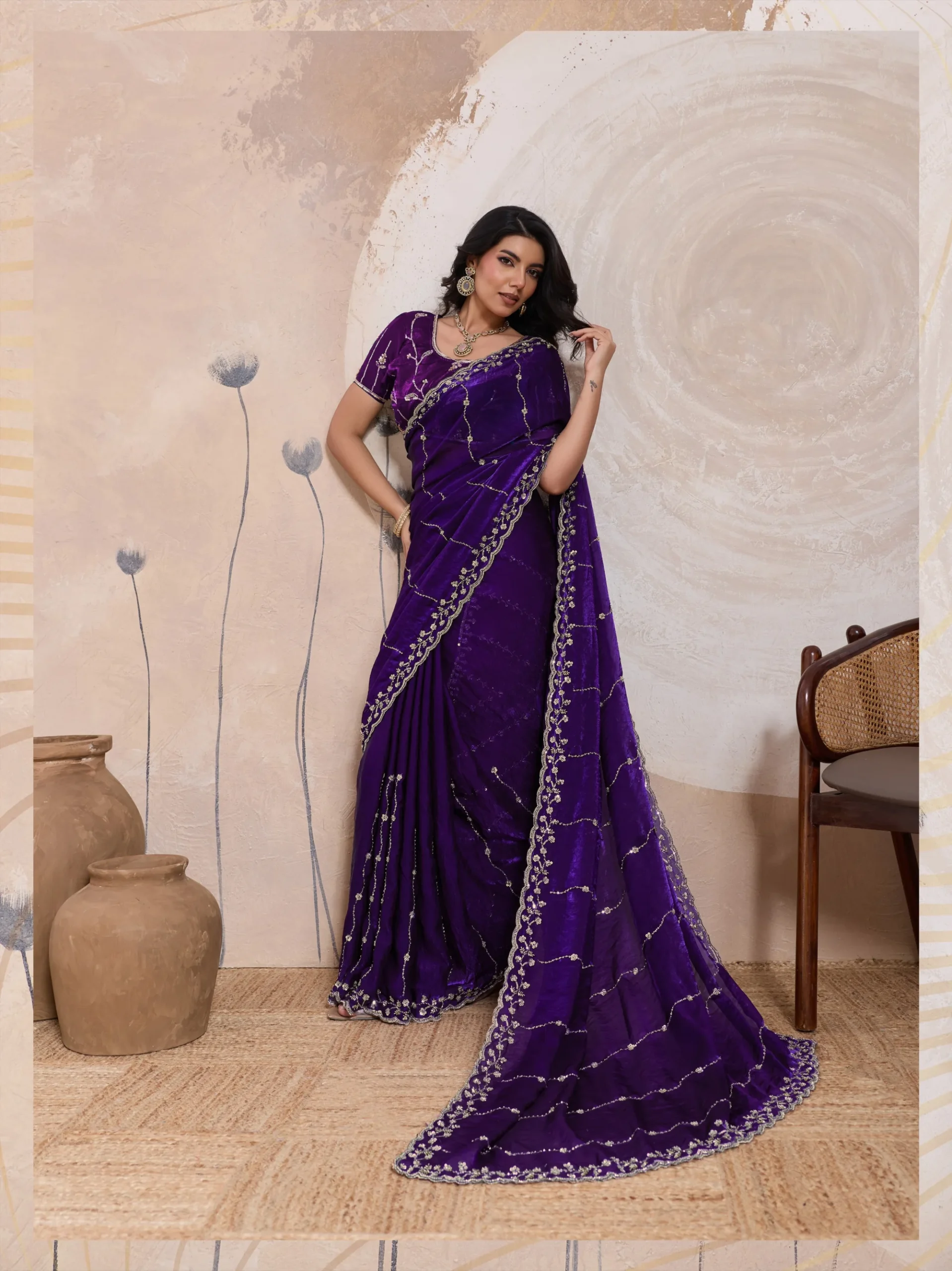 Royal Purple Metallic Fandy Satin Saree - Image 3