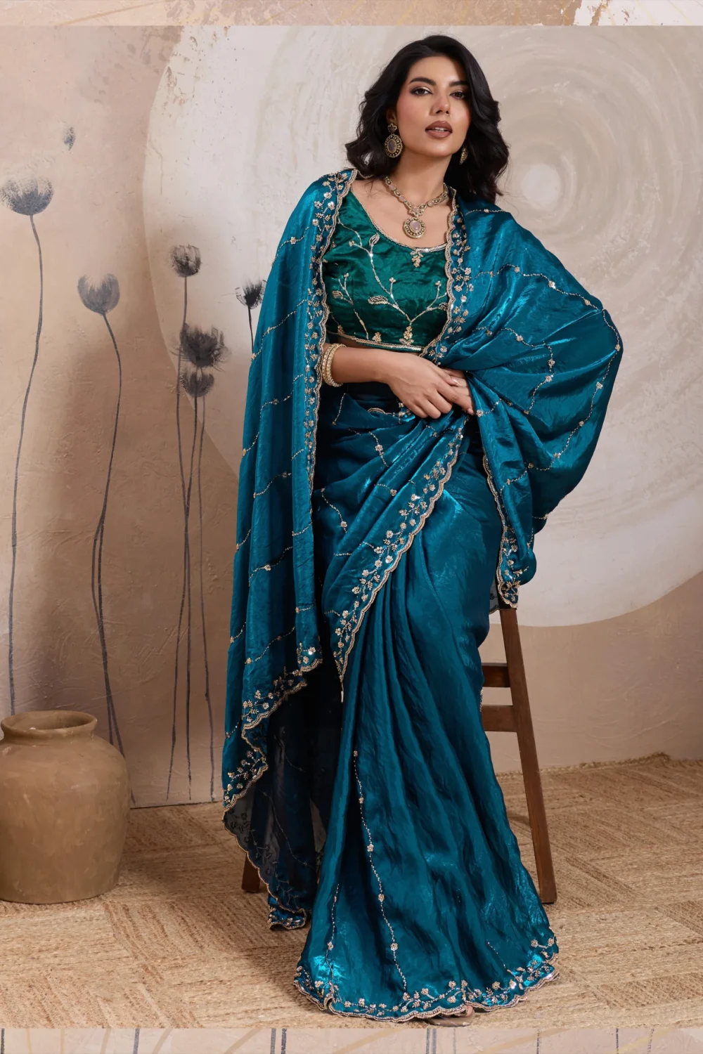 Teal Elegance Metallic Fandy Satin Saree