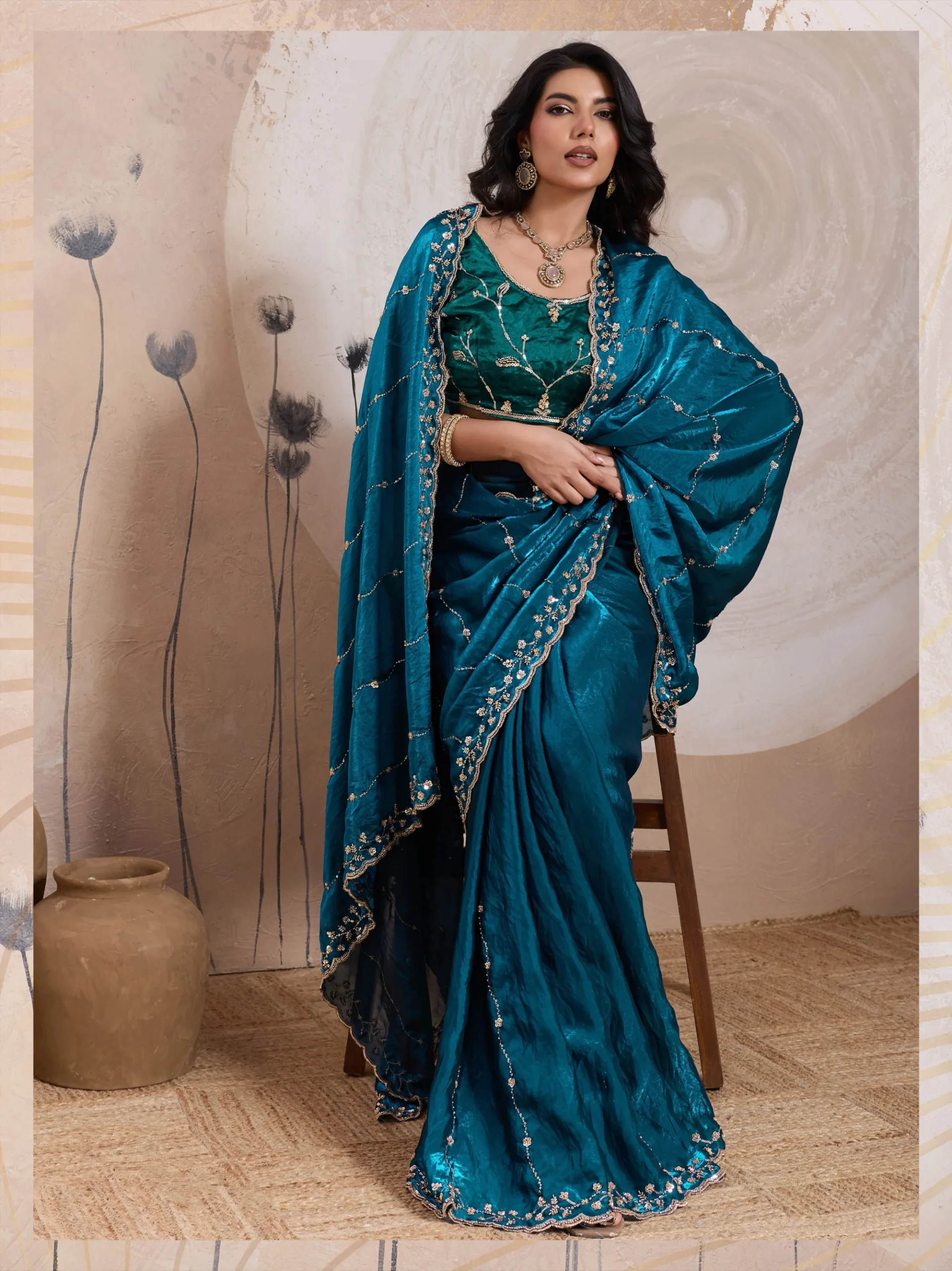 Teal Elegance Metallic Fandy Satin Saree