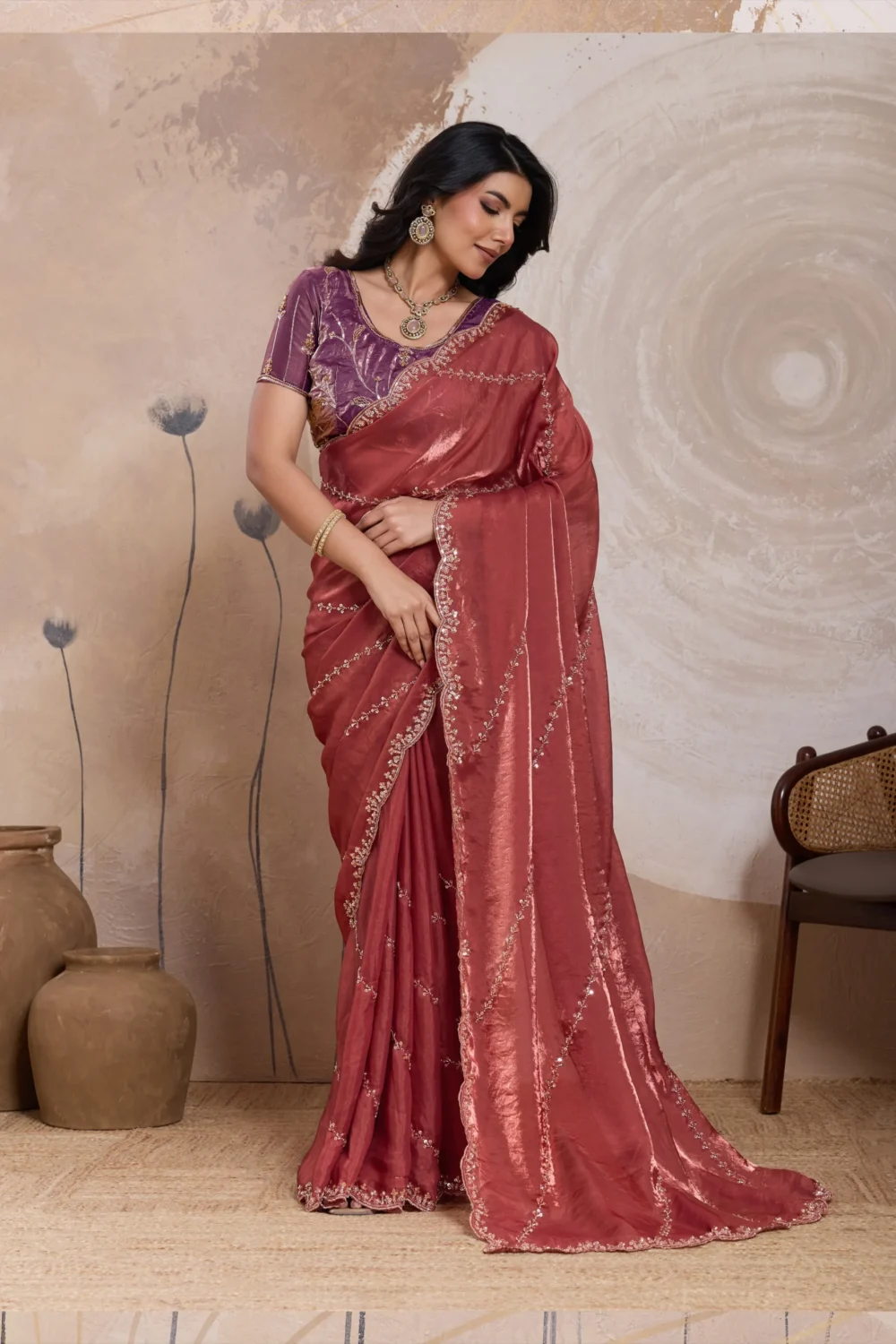Rust Rose Metallic Fandy Satin Saree