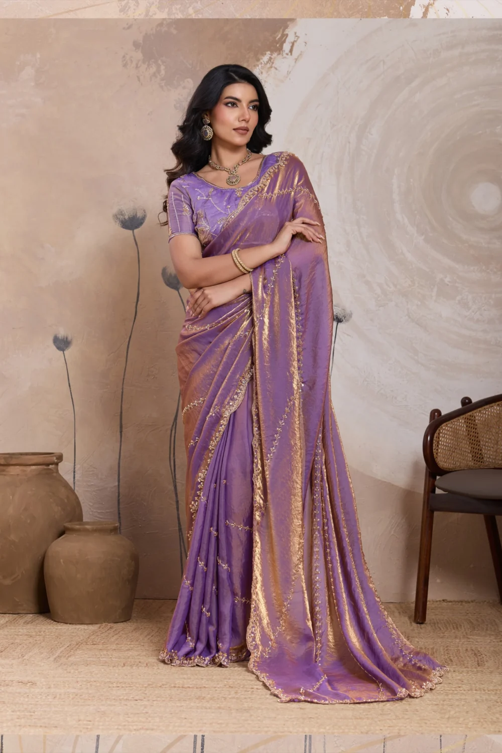 Lavender Glow Metallic Fandy Satin Saree with Cutdana & Zari Work