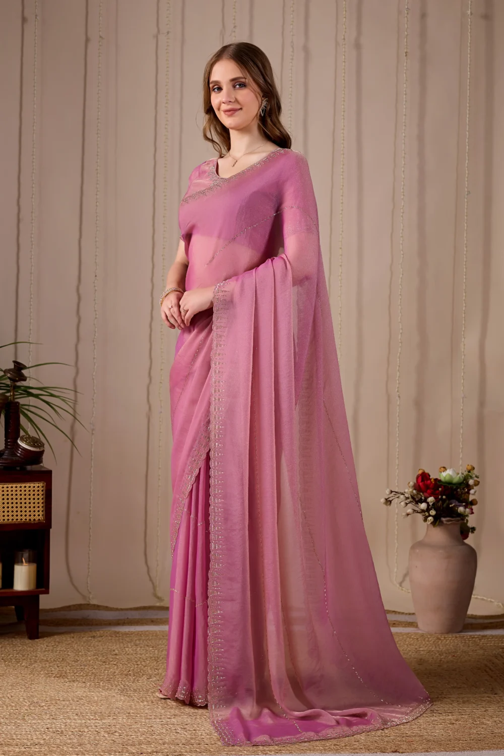 Blush Pink Saree with Val & Jarkan Diamond Work