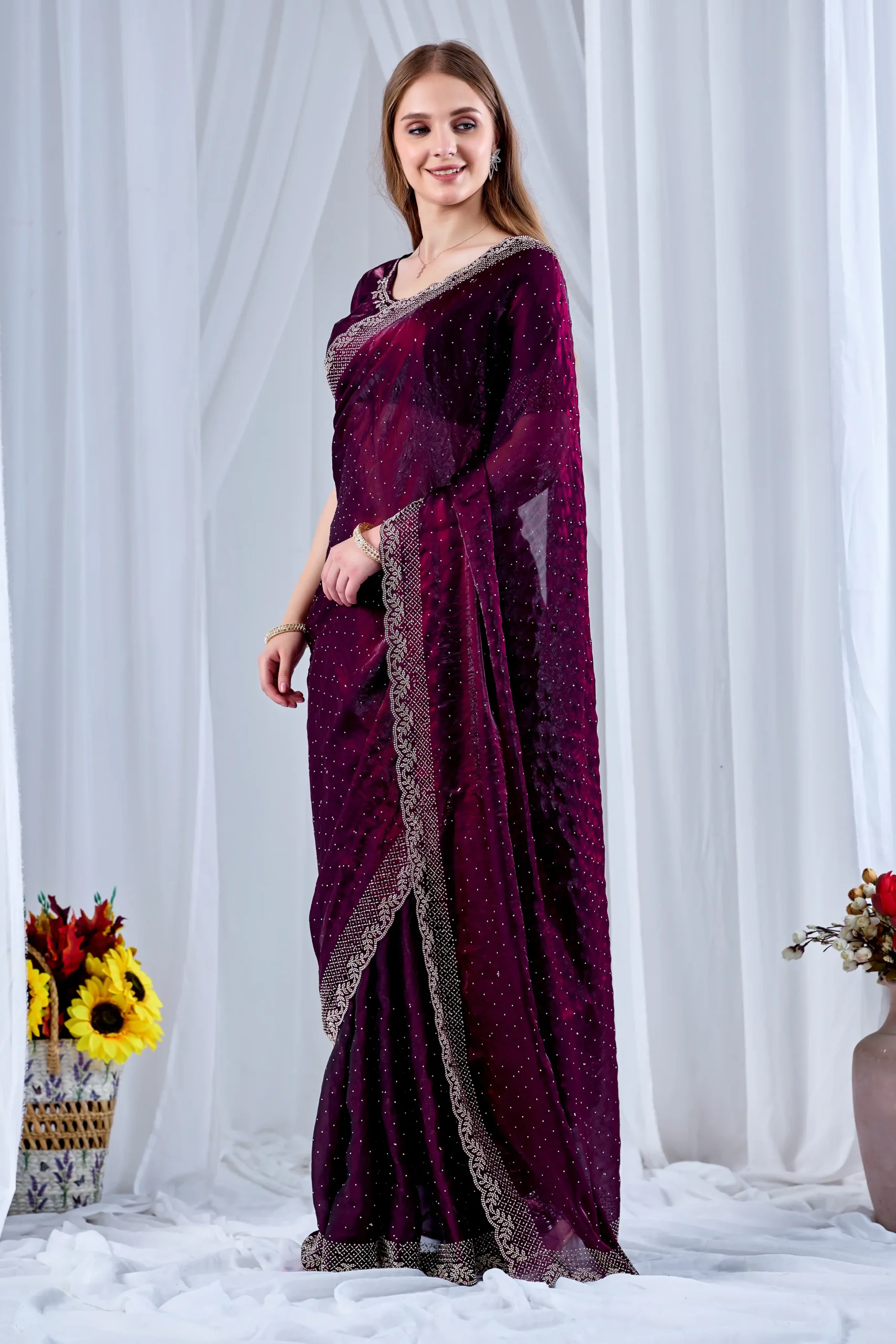 Wine Colour Designer Saree with Val & Jarkan Diamond Work - Image 6