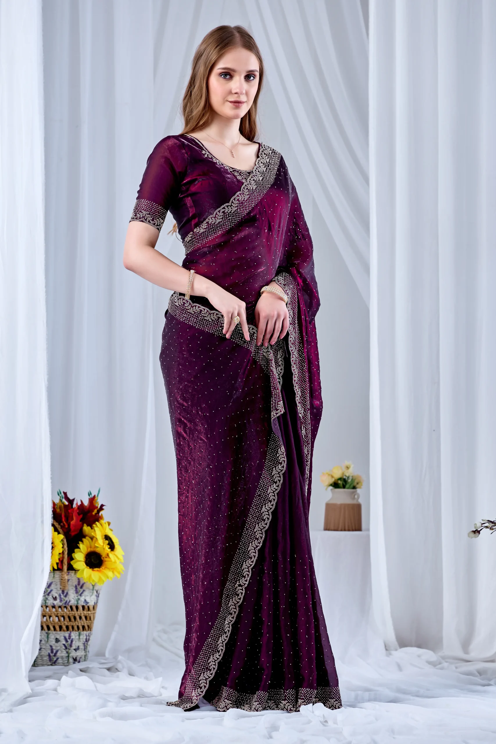 Wine Colour Designer Saree with Val & Jarkan Diamond Work - Image 5