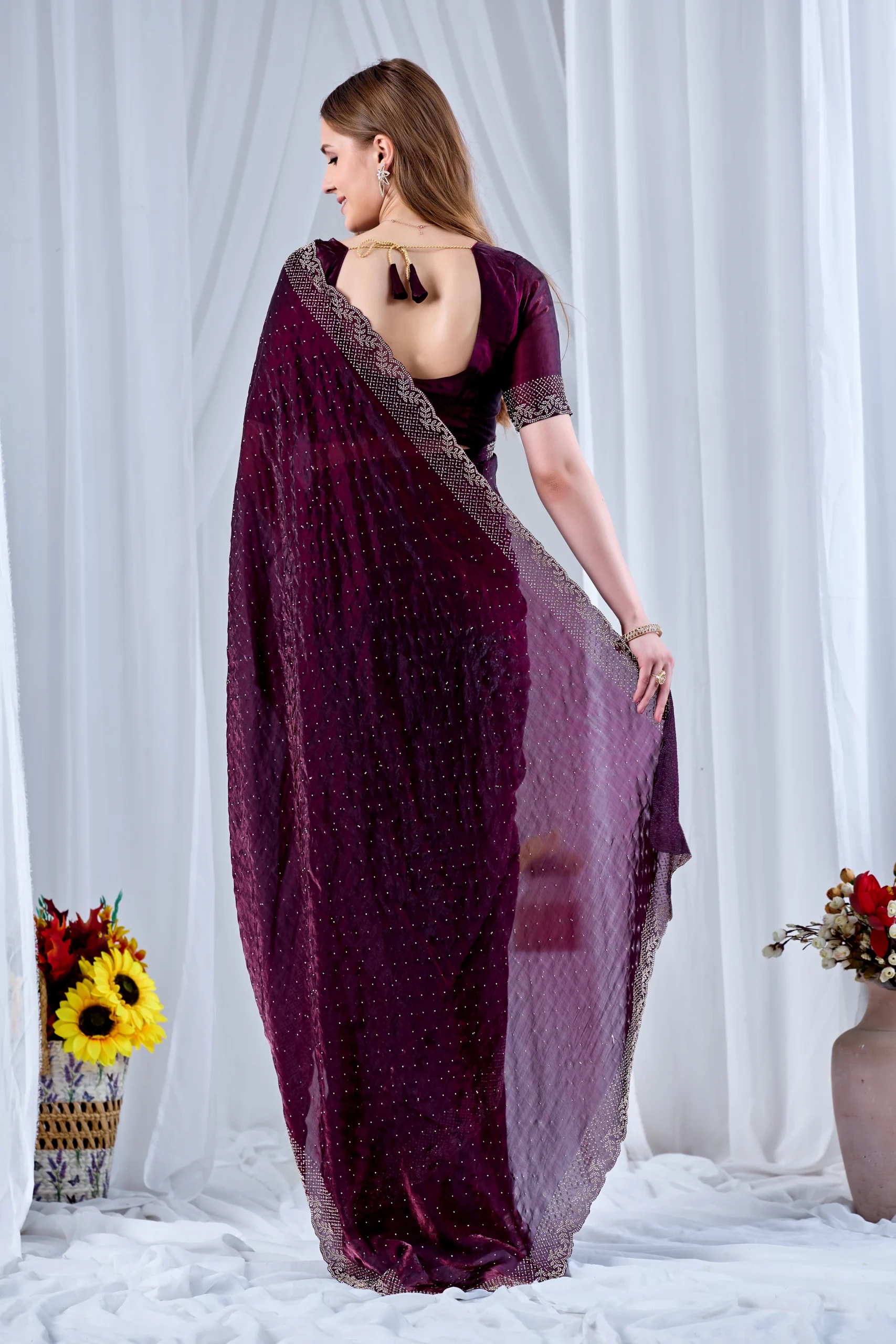 Wine Colour Designer Saree with Val & Jarkan Diamond Work - Image 4