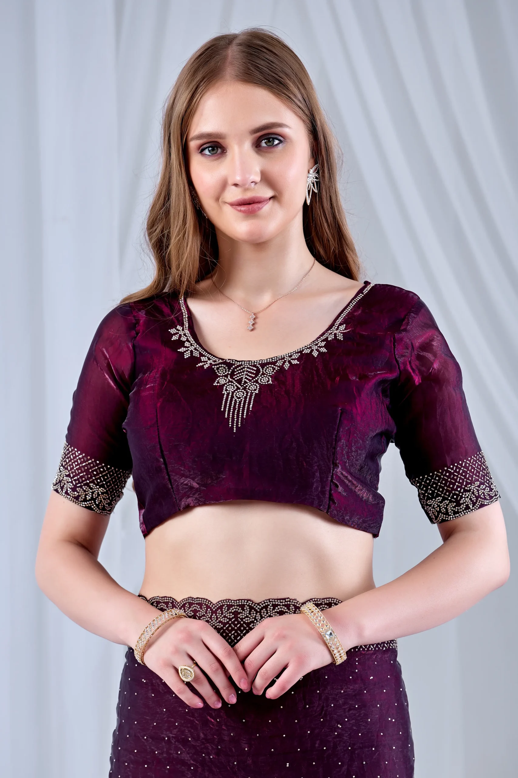 Wine Colour Designer Saree with Val & Jarkan Diamond Work - Image 2
