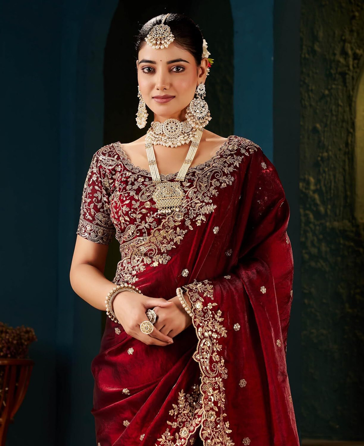 Maroon Fandy Satin Embroidered Saree