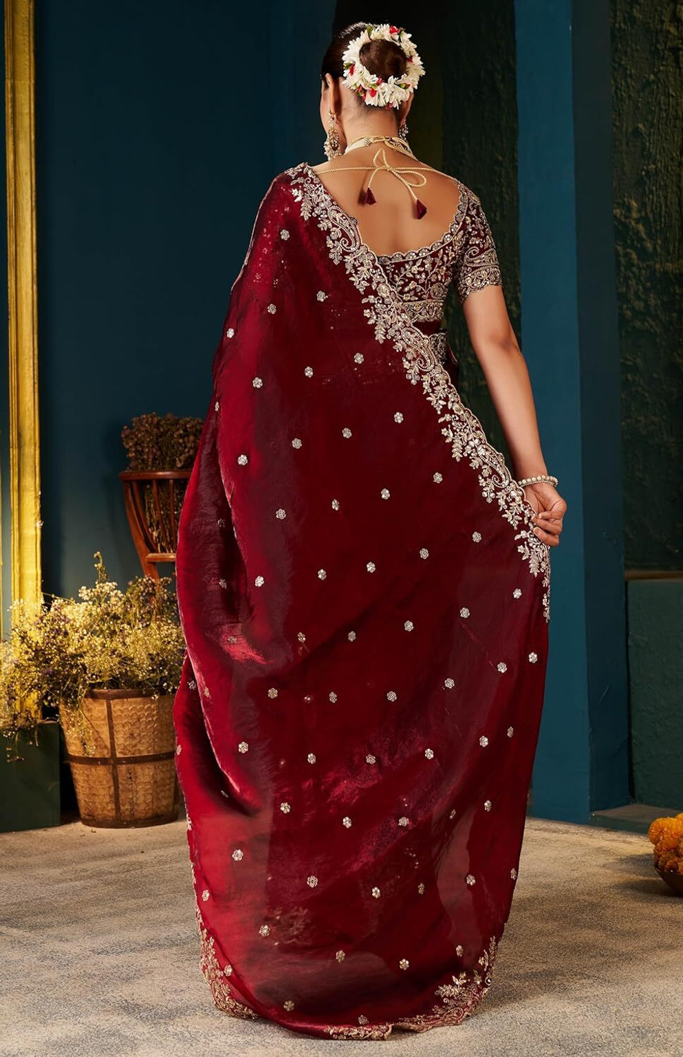 Maroon Fandy Satin Embroidered Saree - Image 3