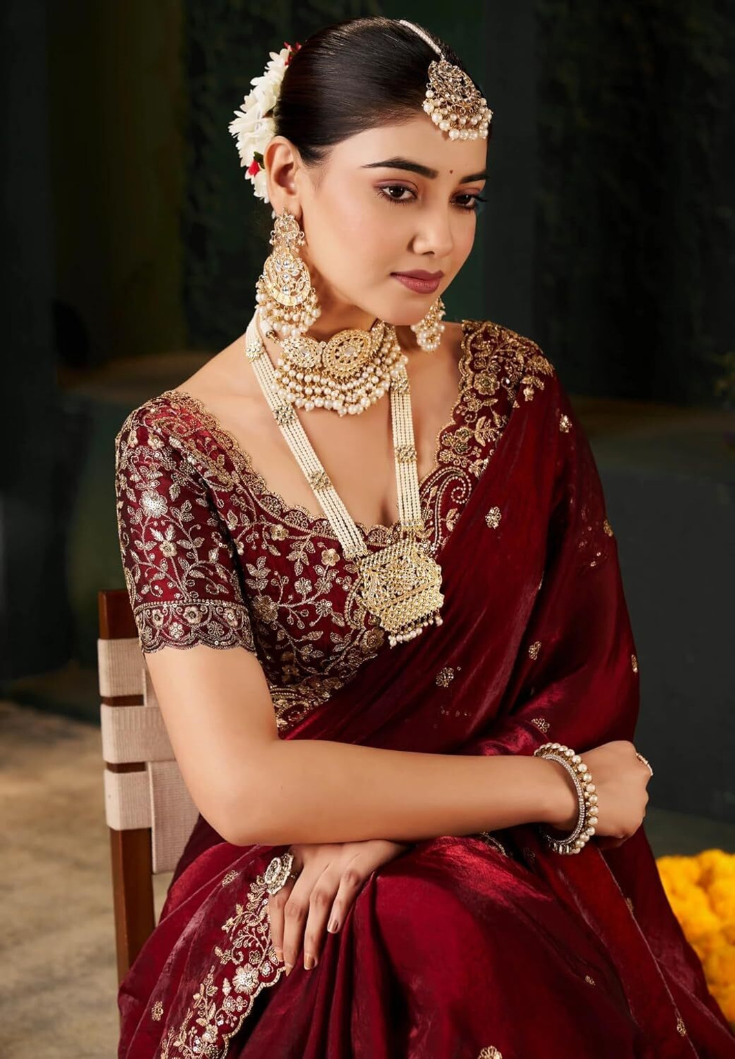 Maroon Fandy Satin Embroidered Saree - Image 4