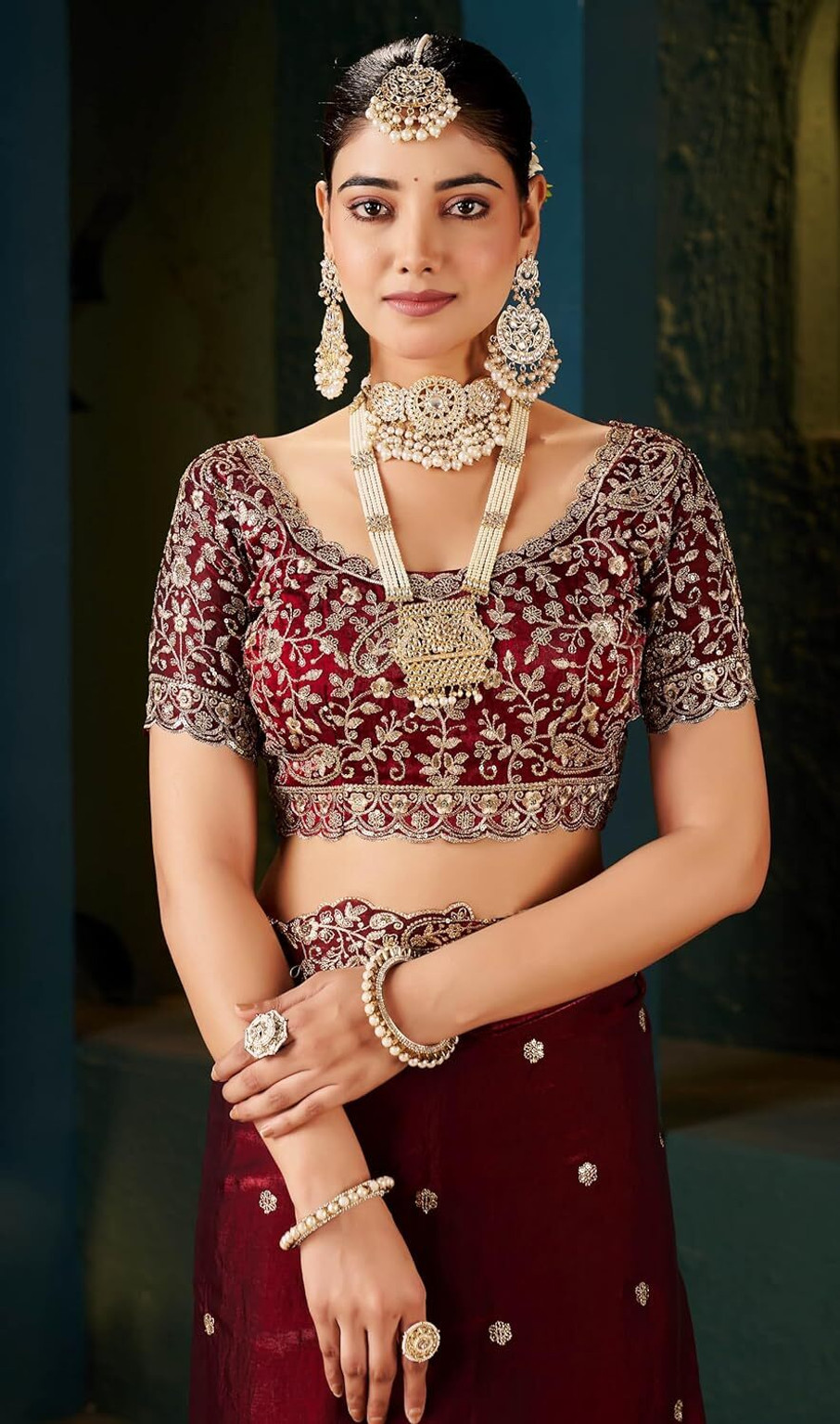 Maroon Fandy Satin Embroidered Saree - Image 5