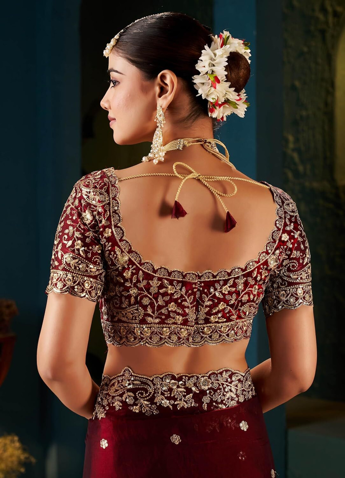 Maroon Fandy Satin Embroidered Saree - Image 6