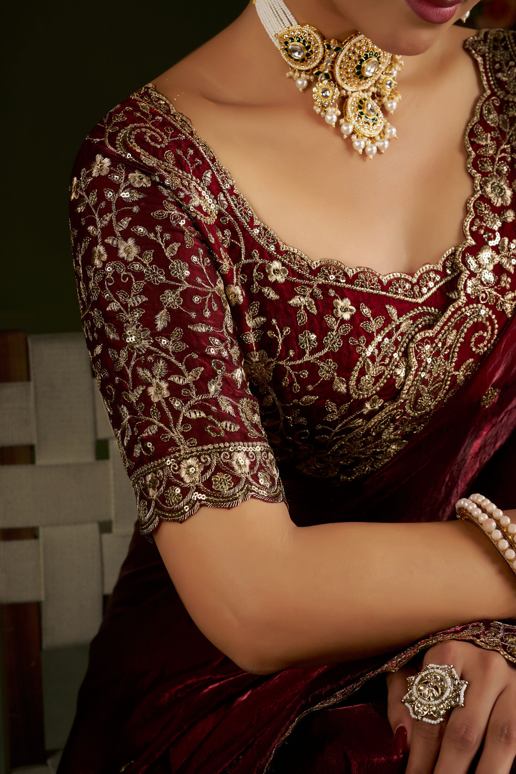 Maroon Fandy Satin Embroidered Saree - Image 7