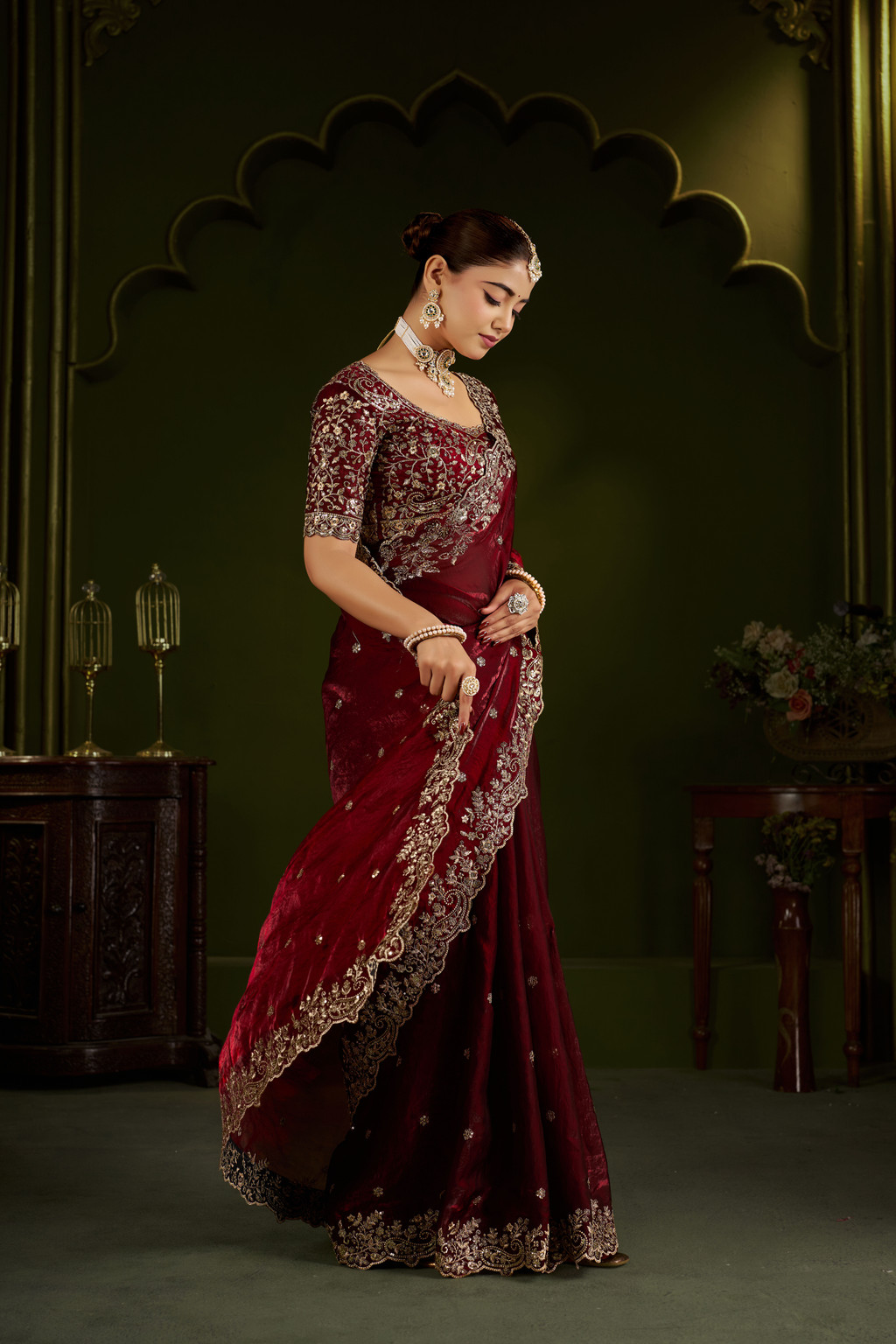Maroon Fandy Satin Embroidered Saree - Image 2
