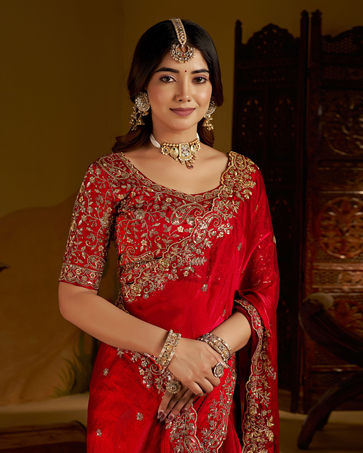 Cherry Fandy Satin Embroidered Saree - Image 6