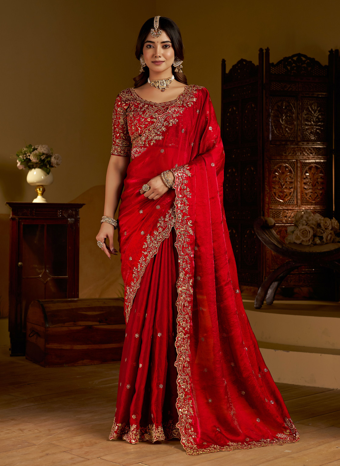 Cherry Fandy Satin Embroidered Saree - Image 5