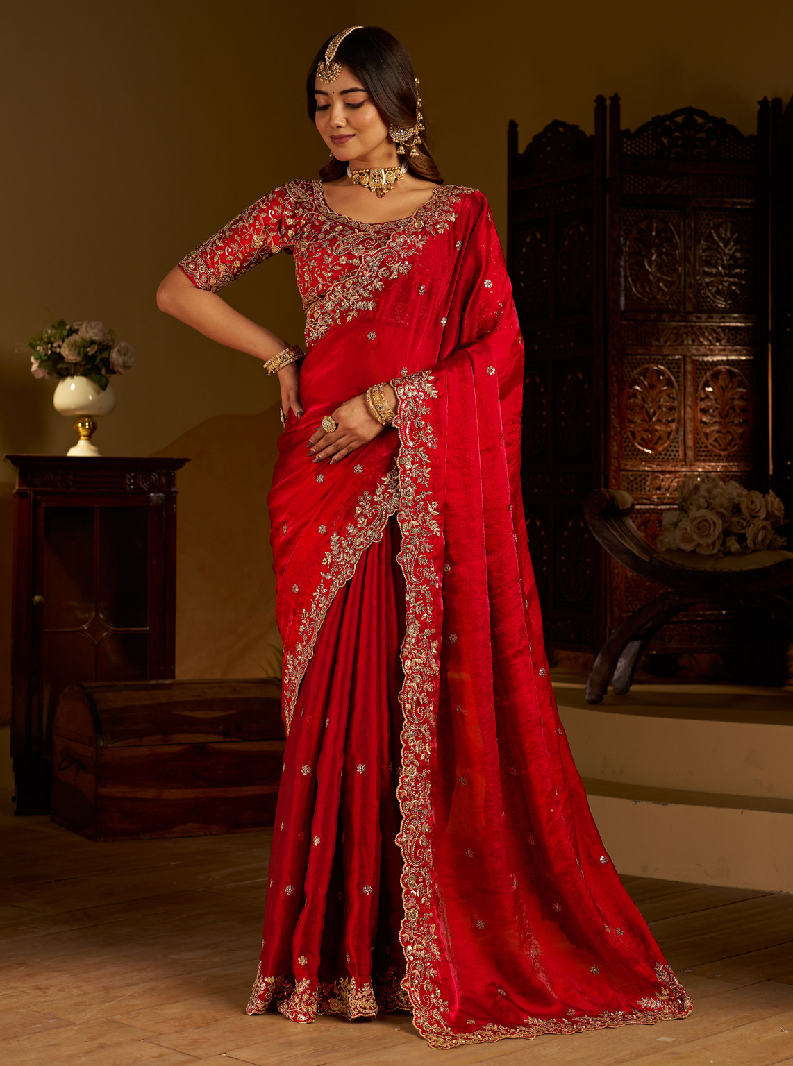 Cherry Fandy Satin Embroidered Saree - Image 2