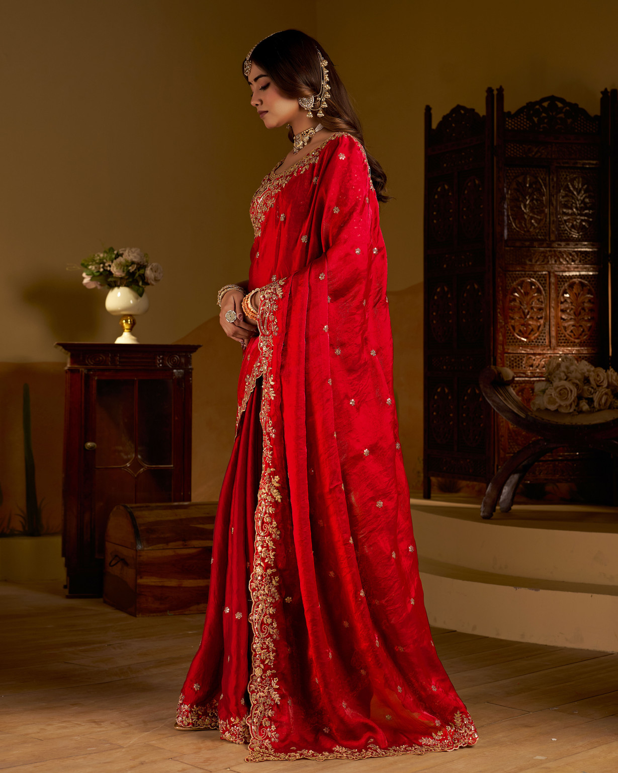Cherry Fandy Satin Embroidered Saree - Image 3
