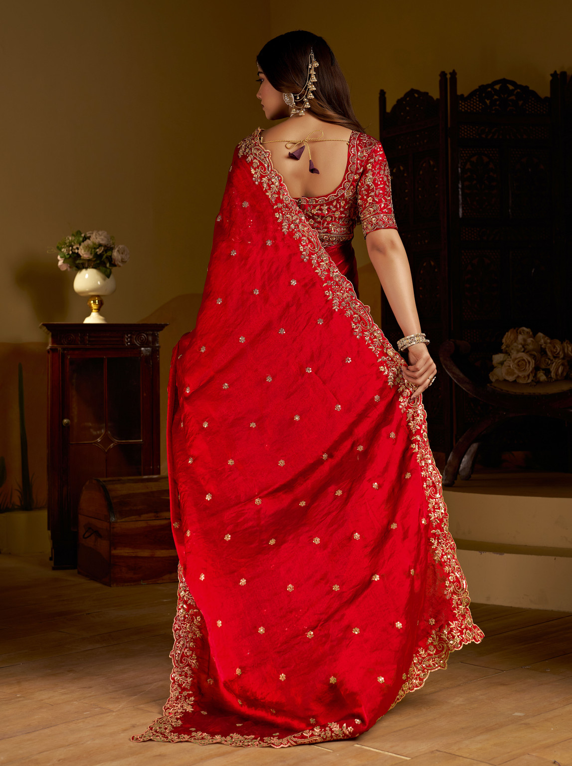 Cherry Fandy Satin Embroidered Saree - Image 7
