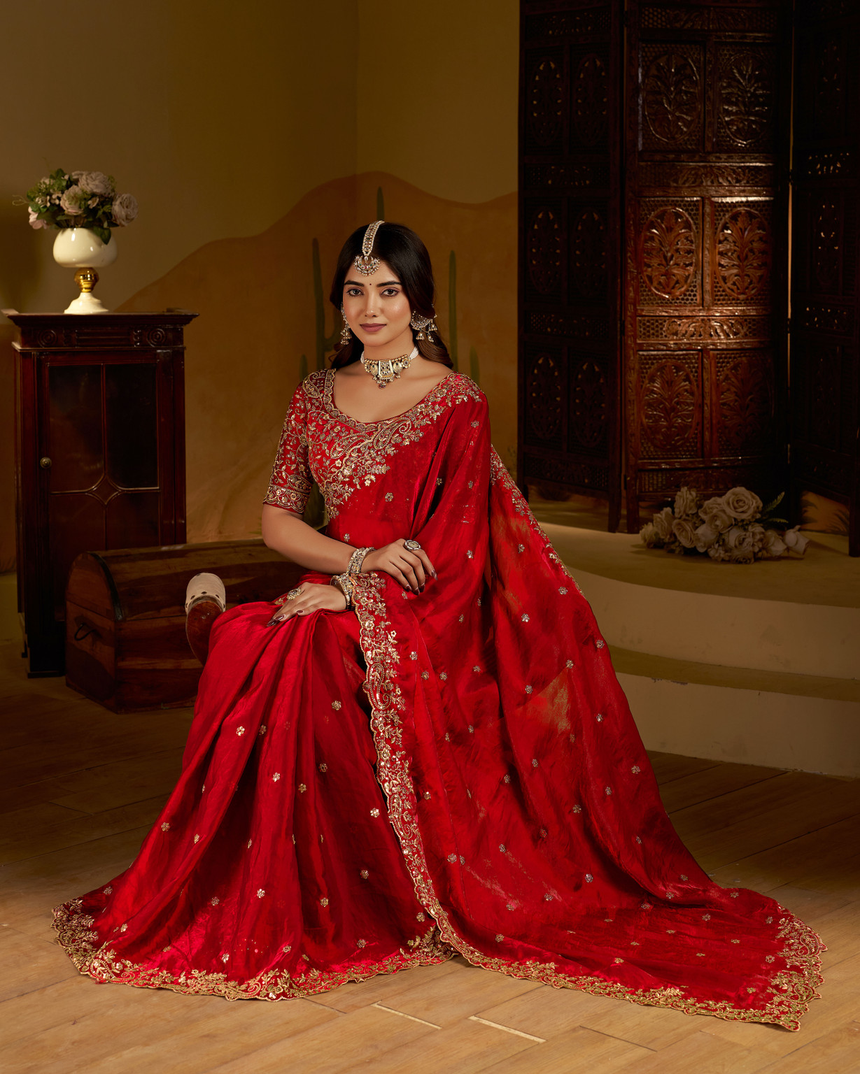 Cherry Fandy Satin Embroidered Saree