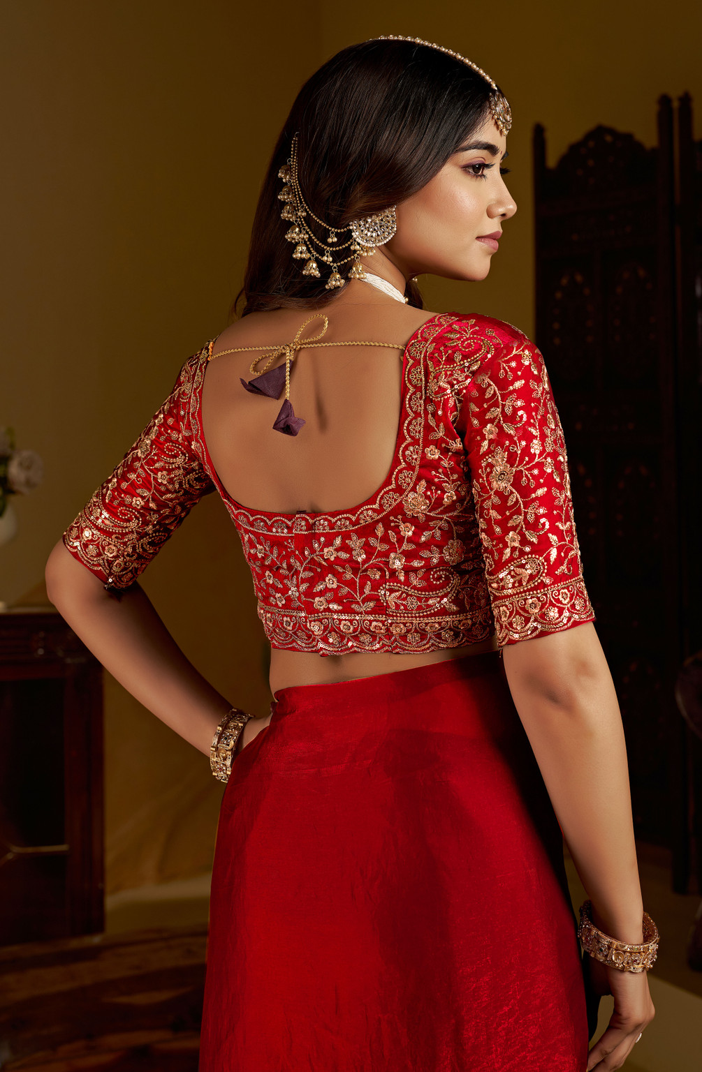 Cherry Fandy Satin Embroidered Saree - Image 4
