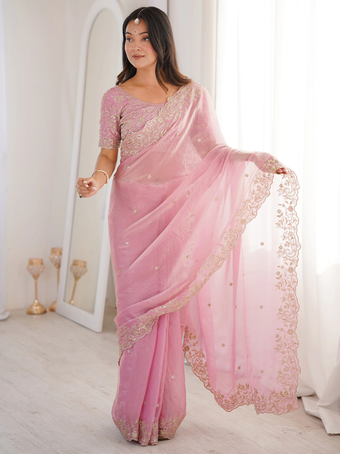 Pink Designer Saree with Heavy Blouse - Image 2